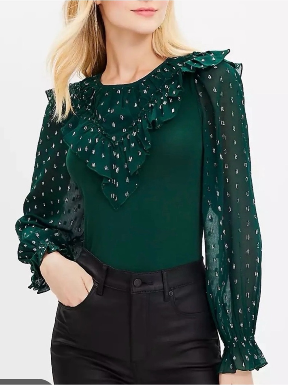 LOFT Dark Green Ruffled V-Neck Blouse SZ L NWT holiday festive comfy cute